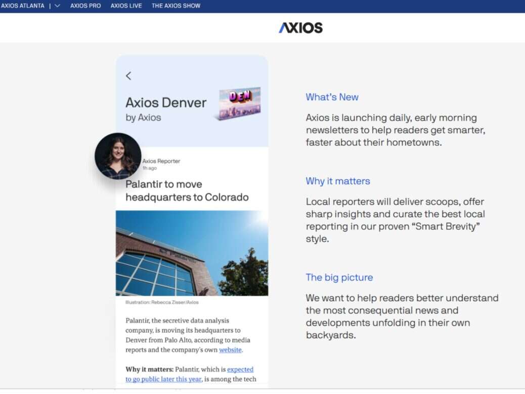 Axios Local promo page, showing Axios Denver newsletter with 'Palantir to move headquarters to Colorado' headline
