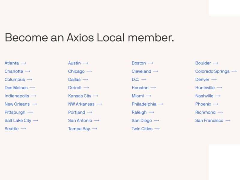 A list of the 35 cities Axios Local is currently active in, April 2026.