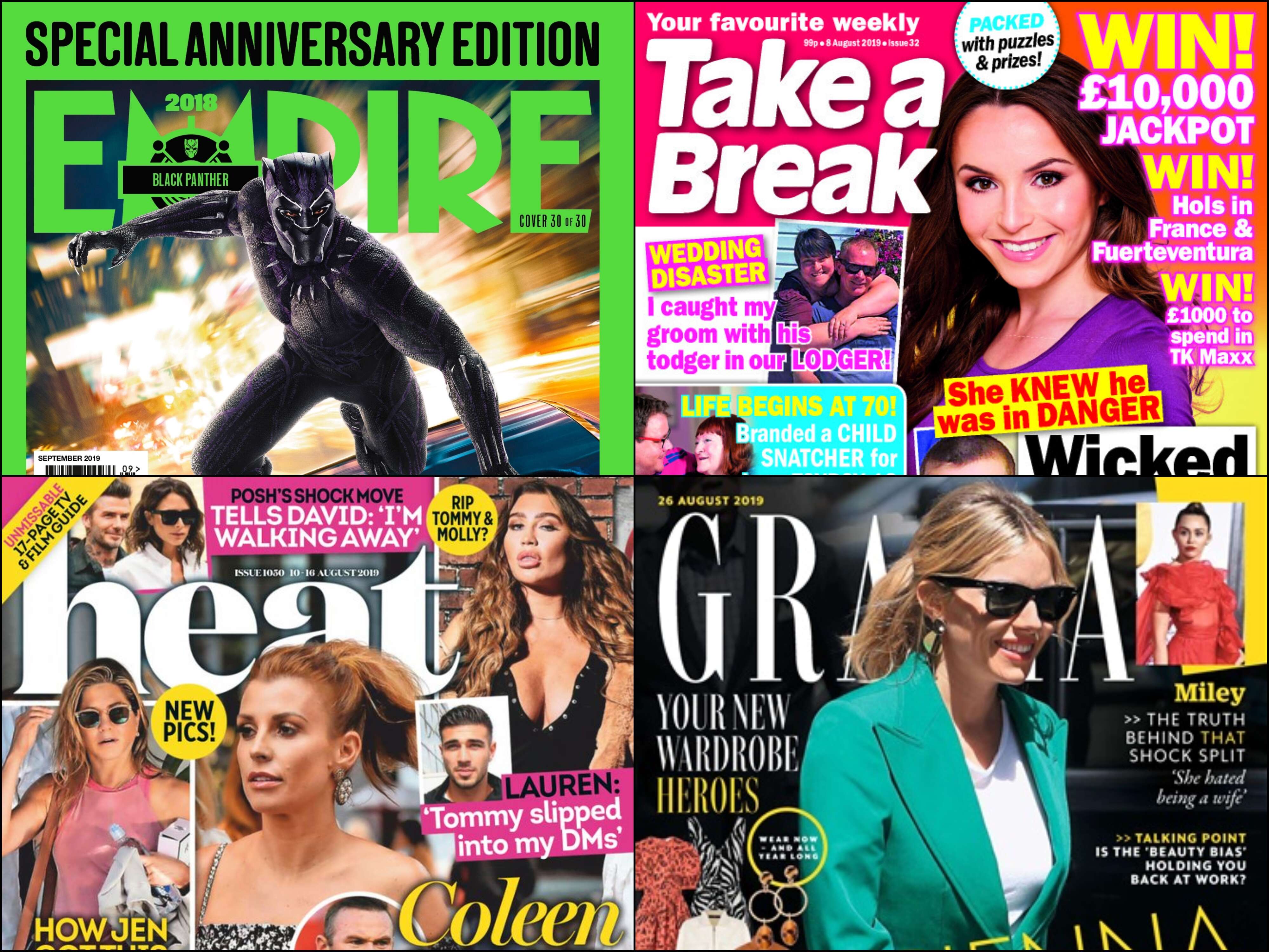 Bauer Media Group magazine titles in the UK: front covers of Empire, Take A Break, Heat and Grazia