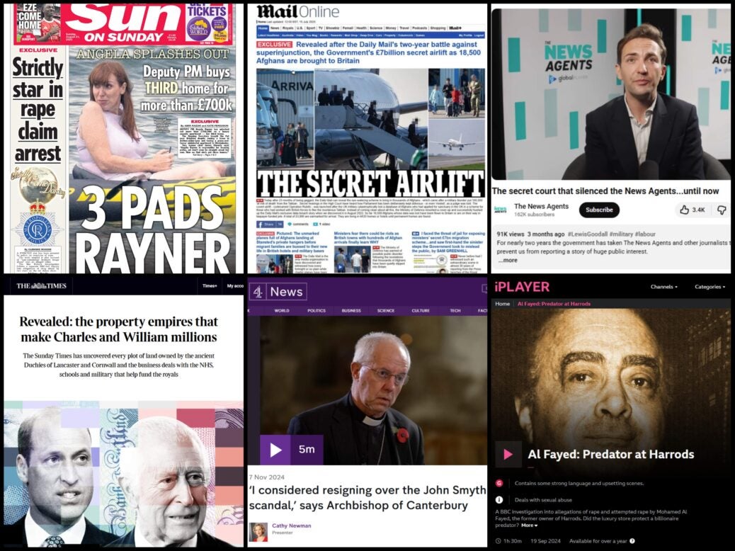 Collage of the shortlisted scoops of the year at the British Journalism Awards 2025