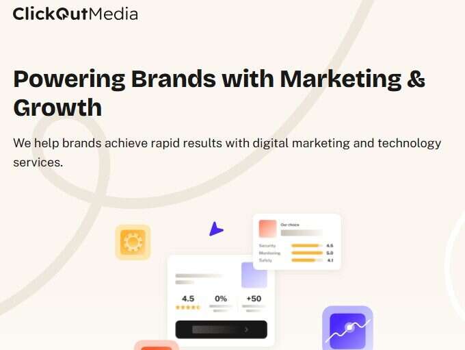 Clickout Media homepage screenshot, with tagline 'Powering Brands With Marketing & Growth'
