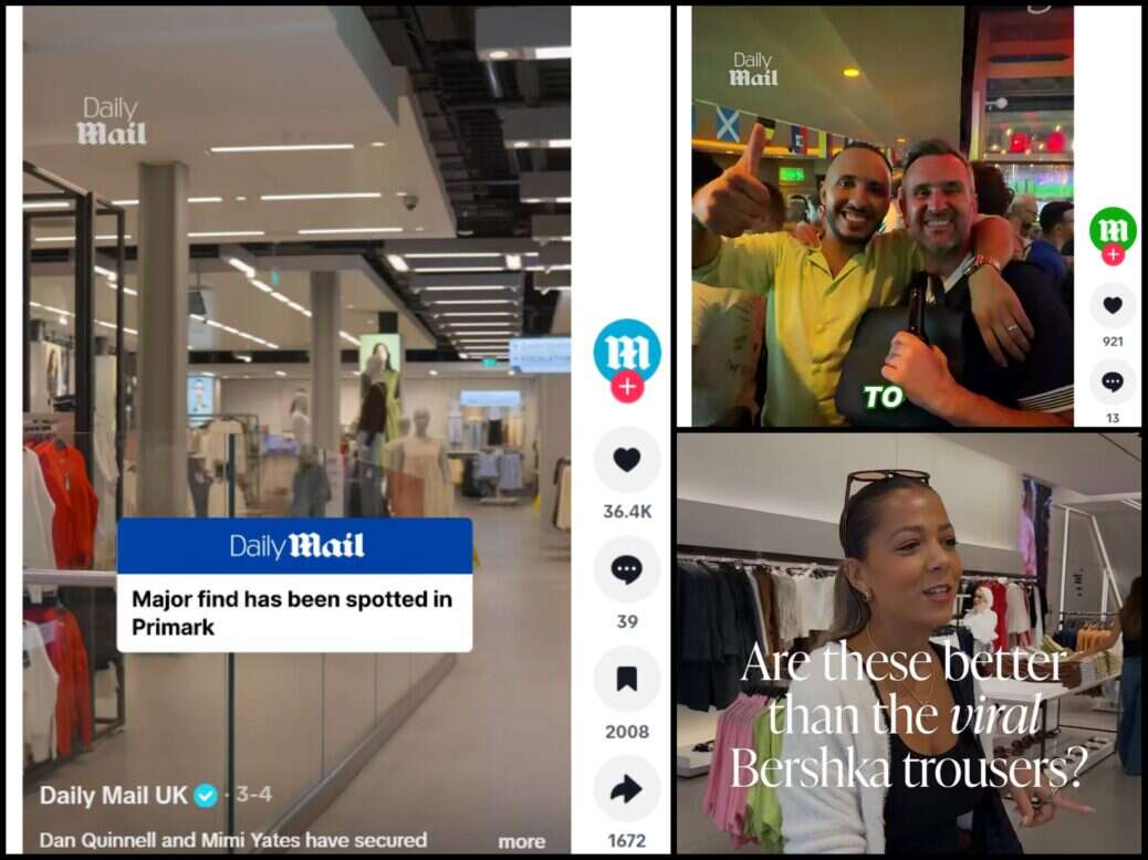 Screenshots of Tikstoks and Instagram posts from the Daily Mail: 'Breaking news' format partnership with Primark, Daily mail Sport following fan stories and fashion and beauty brand Eliza Instagram post on clothes shopping.