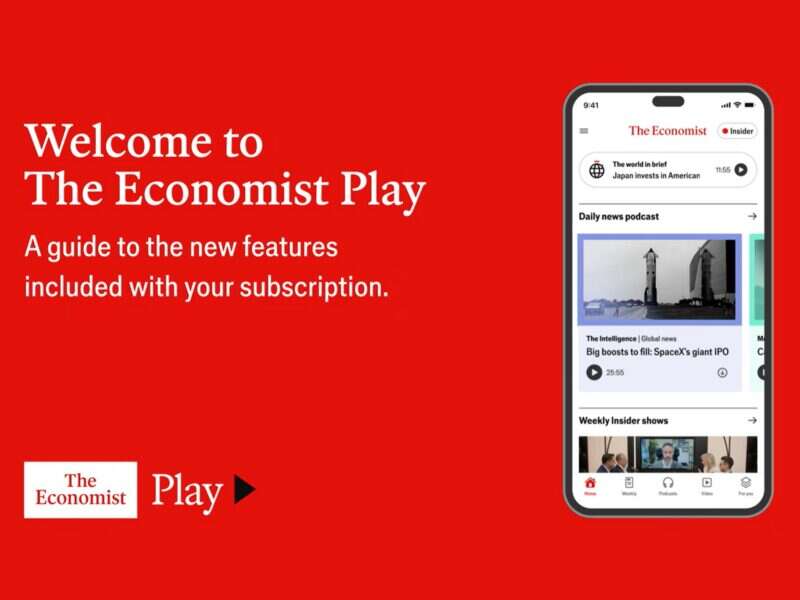 Youtube video screenshot introudcing The Economist Play, displaying an iPhone with the app on the right-hand side. 
