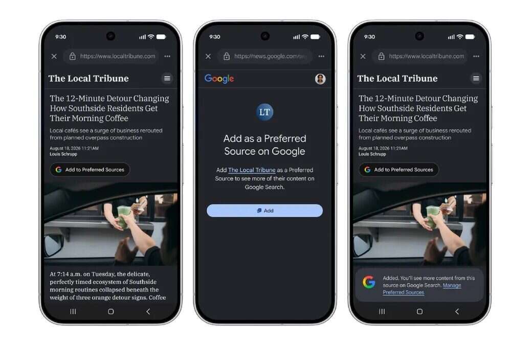 Google 'preferred source' button rolls out for UK publishers. Picture: Google