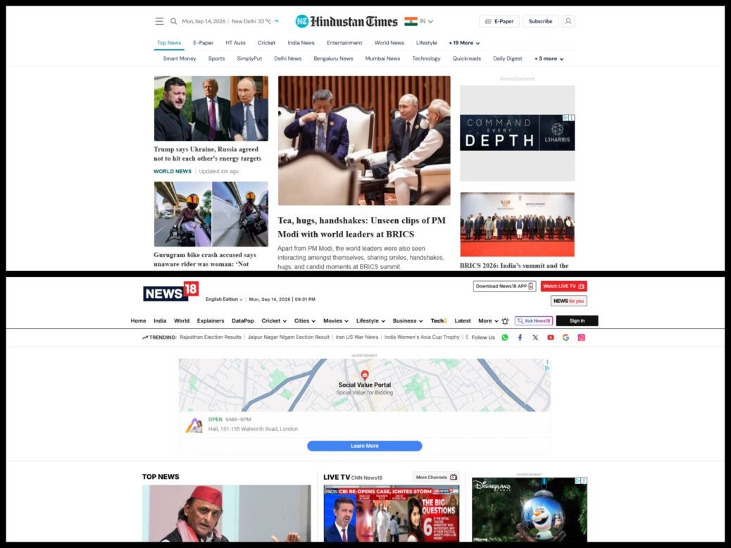 Hindustan Times and News 18 homepages on 14 September 2026.
