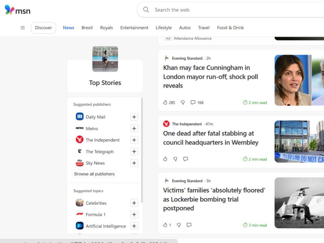 Screenshot of MSN homepage of 25 August 2026.