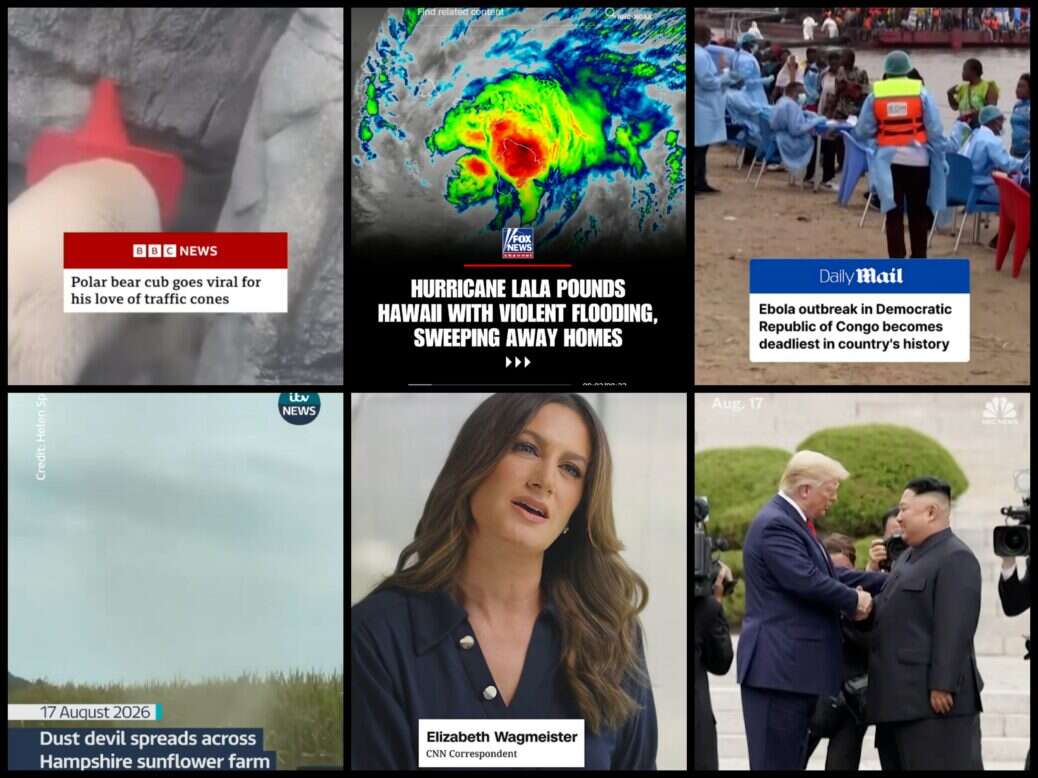 L-R: Tiktok screenshots of BBC News, Fox News, Daily Mail, ITV News, CNN and NBC News.