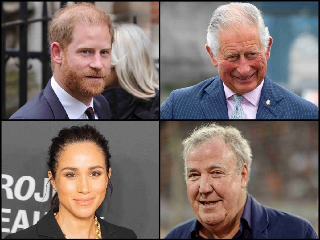 Collage of Prince Harry, King Charles, Jeremy Clarkson and Meghan Markle
