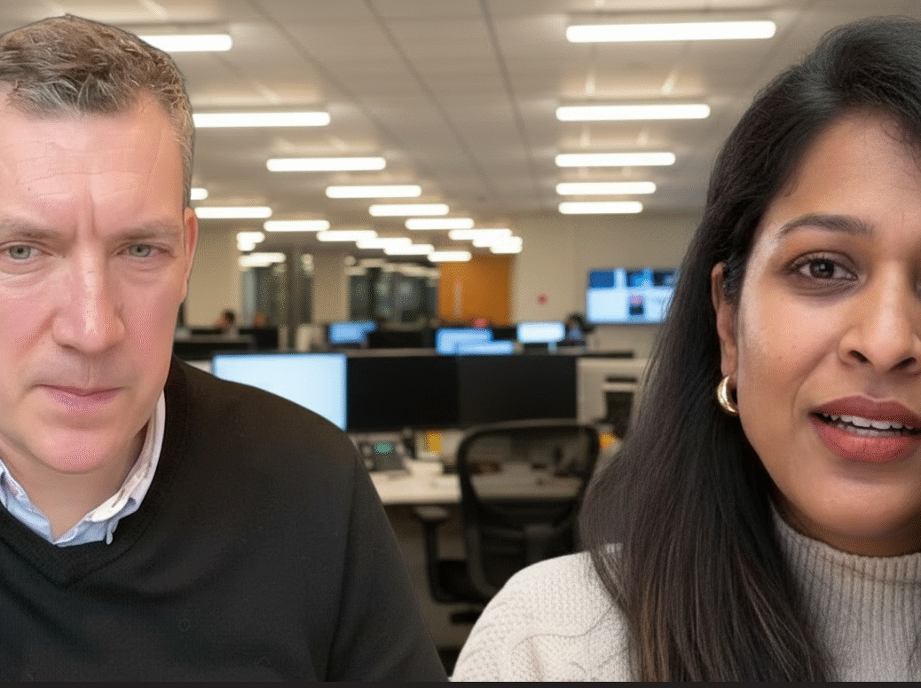 Podcast interviewees Graham Page and Megha Garibaldi superimposed side by side