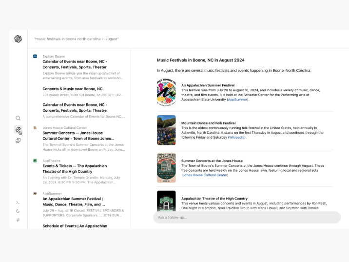 A screenshot from a demonstration video showing how OpenAI's SearchGPT search engine will work. The user has searched for information about "music festivals in boone north carolina in august" and has been presented with links to four results, as well as a sidebar offering links to related pages. Picture: OpenAI