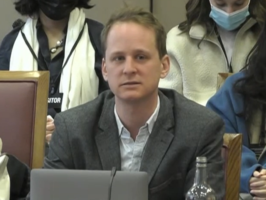 TBIJ's Franz Wild giving evidence at a Commons committee in 2022