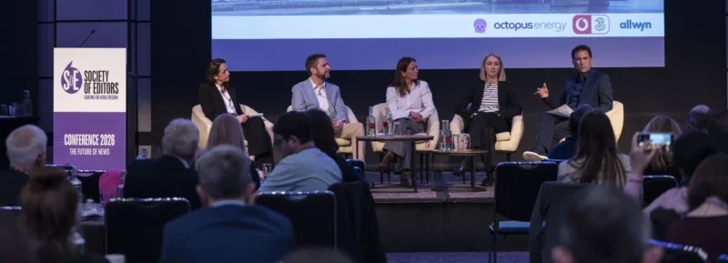 Reuters editor-in-chief Alessandra Galloni, PA Media editor-in-chief Jack Lefley, ITV News editor Laura Wilshaw and Nottingham Post editor Natalie Fahy with BBC News analysis editor Ros Atkins at the Society of Editors Future of News Conference 2026 sitting in a line on a stage