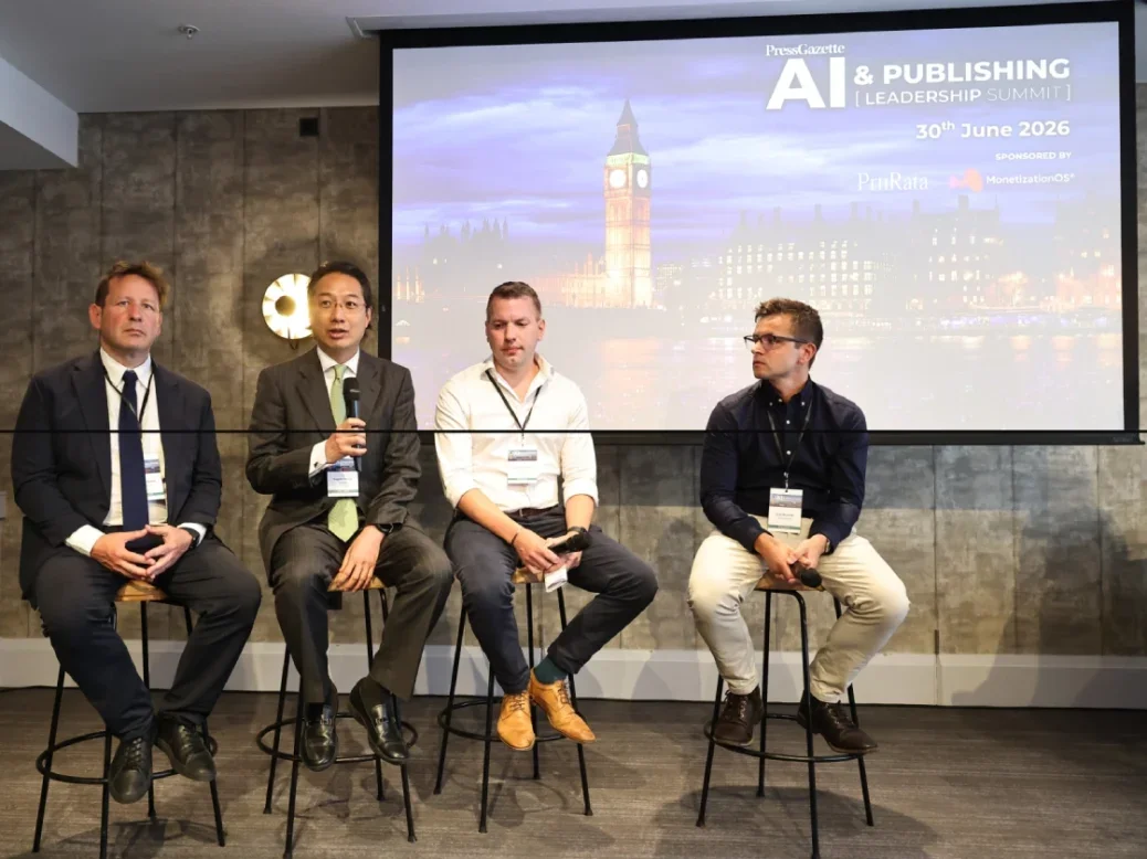 Four men sit on stools in front of Press Gazette AI Summit logo on screen behind them. From left to right: Lord Ed Vaizey, Prorata senior strategy adviser Eugene Huang, Owen Meredith, managing director of public policy at Daily Mail, and Josh Muncke, VP of generative AI at The Economist