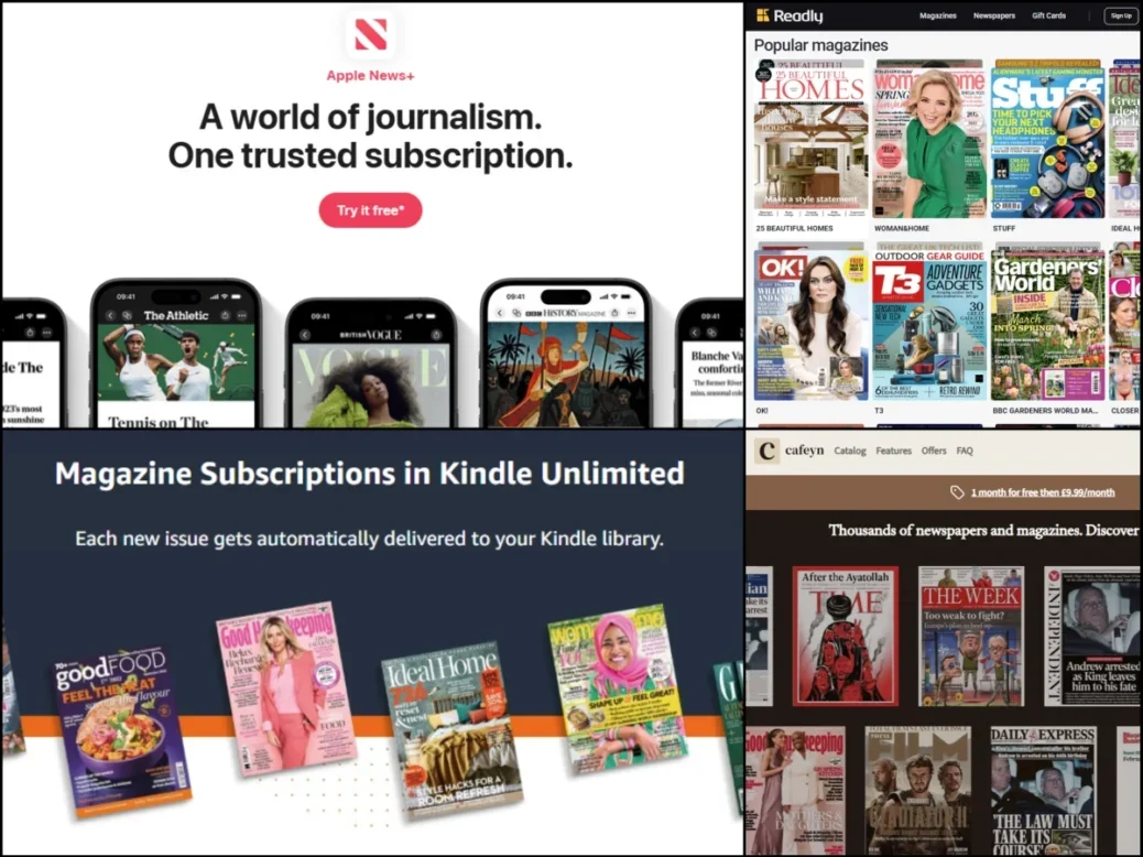 Website promo pages for 'all you can read' magazine services Apple News+, Readly, Kindle Unlimited and Cafeyn