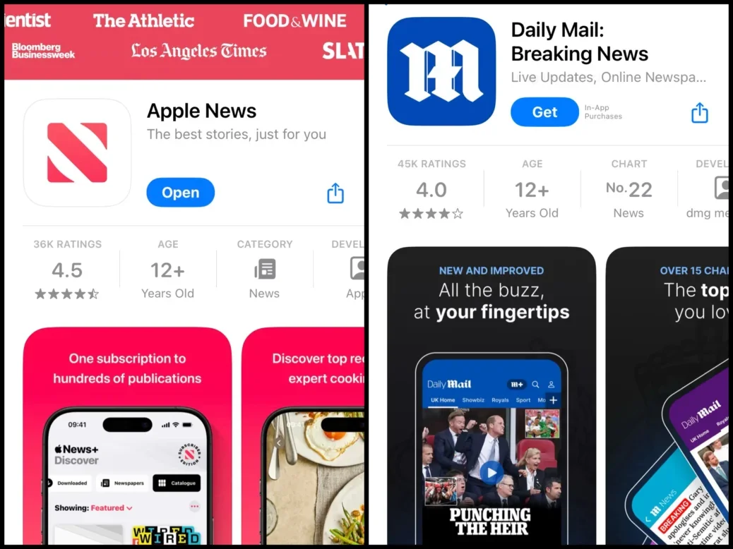 Apple News and Daily Mail app download pages on the Apple app store