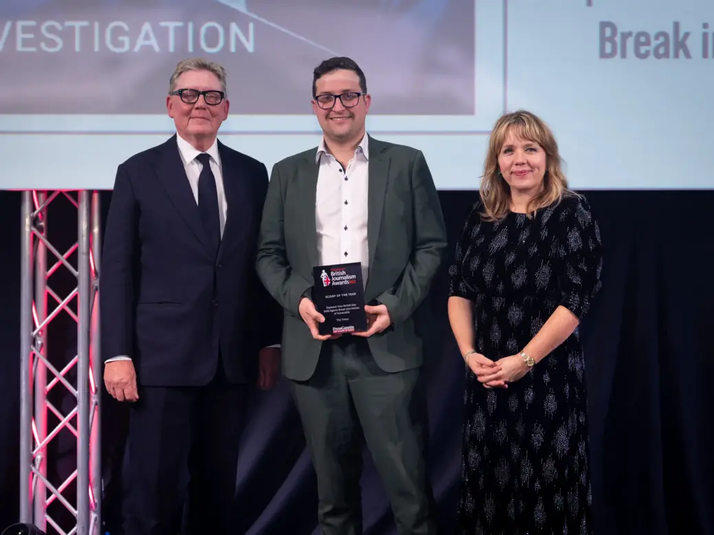 Paul Morgan-Bentley of The Times picks up the Scoop of the Year prize at the British Journalism Awards 2023. Picture: ASV Photography for Press Gazette