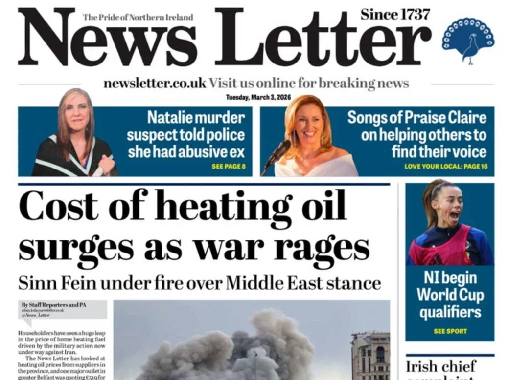 Belfast News Letter front page from March 2026 to illustrate story about departure of editor Ben Lowry