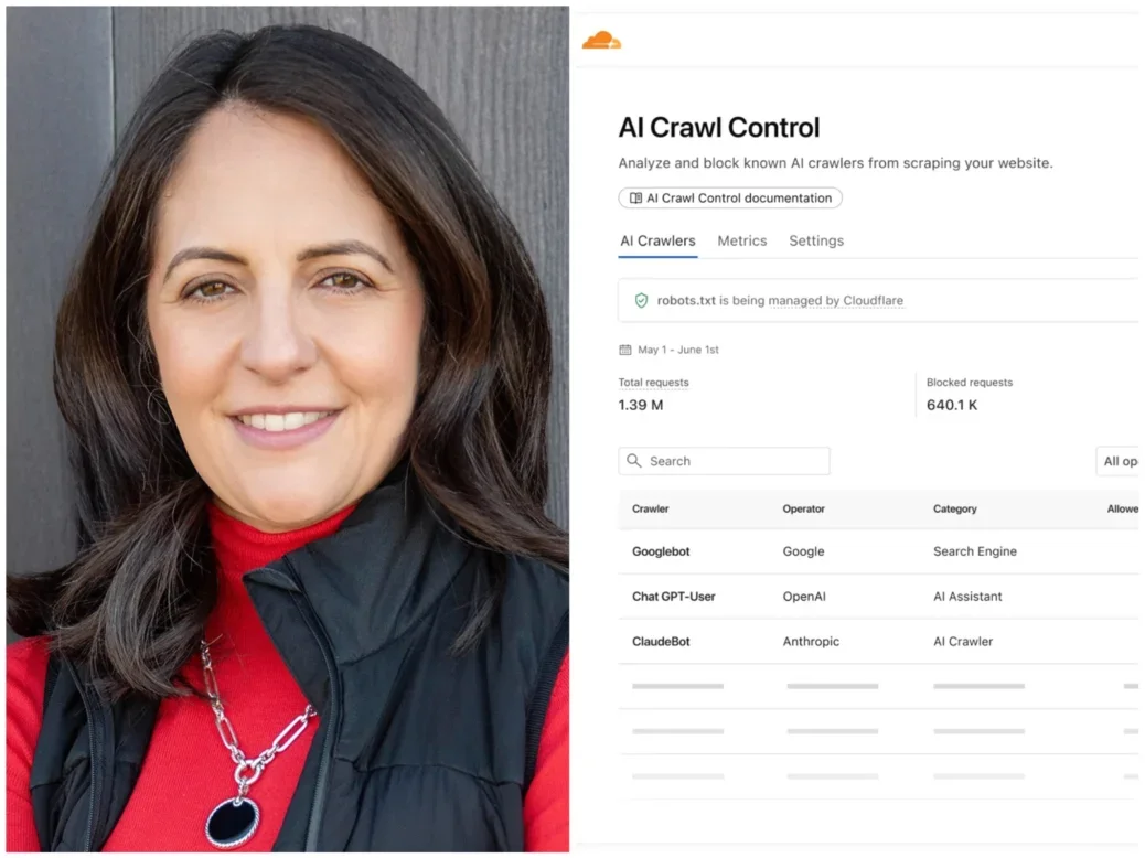 Cloudflare chief strategy officer Stephanie Cohen, and Cloudflare's AI Crawl Control dashboard
