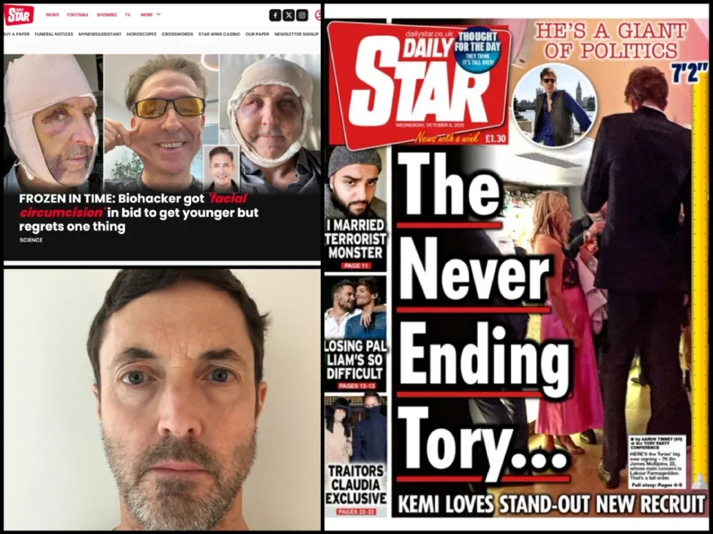 Daily Star website homepage screenshot with headline 'Frozen in time: Biohacker got 'facial circumcision' in bid to get younger but regrets one thing', front page with splash headline 'The Never Ending Tory...', and headshot of editor-in-chief Ben Rankin