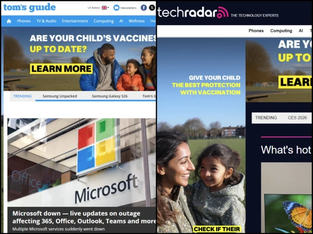 Tom's Guide and Techradar homepages - both with same banner ad about vaccines. Tom's Guide main headline is about a Microsoft outage. Techradar layout means you can only see the 'what's hot' heading
