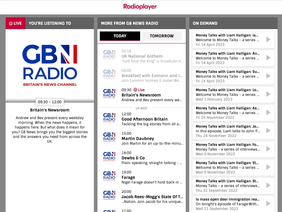 A screenshot of GB News Radio on the gbnews.com website, illustrating a story the RAJARs for Q3 2024, in which the station overtook rival Talk (formerly Talkradio).
