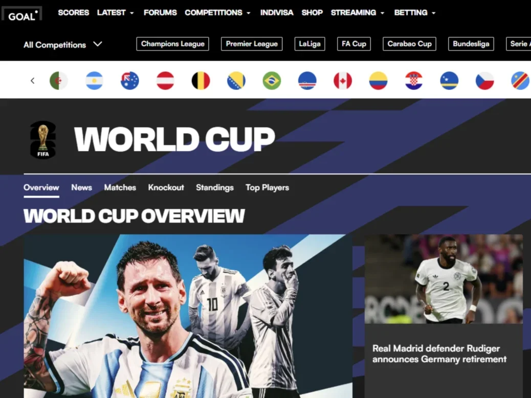 Goal.com World Cup homepage led by picture of Lionel Messi