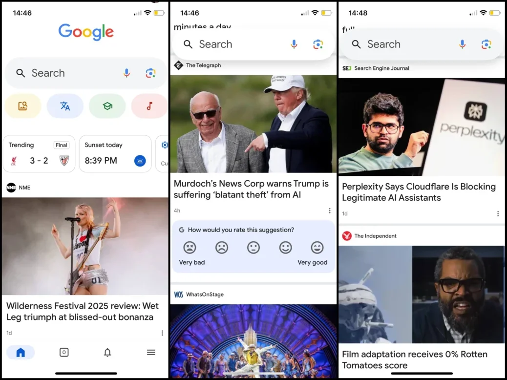 Three Discover screenshots on the Google app for iPhone as seen by Press Gazette on 6 August 2025