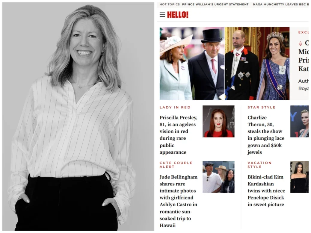 Hello! chief content officer Sophie Vokes-Dudgeon and screenshot of the Hello! website homepage
