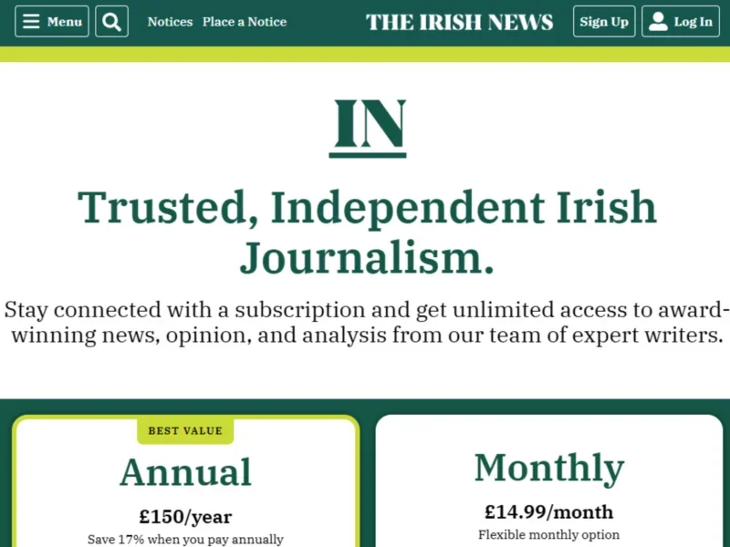 The Irish News digital subscription sign-up page