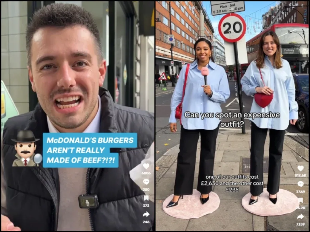 Two DMG Media Tiktok screenshots: Daily Mail UK paid partnership with McDonald's, and Eliza outfit comparison video