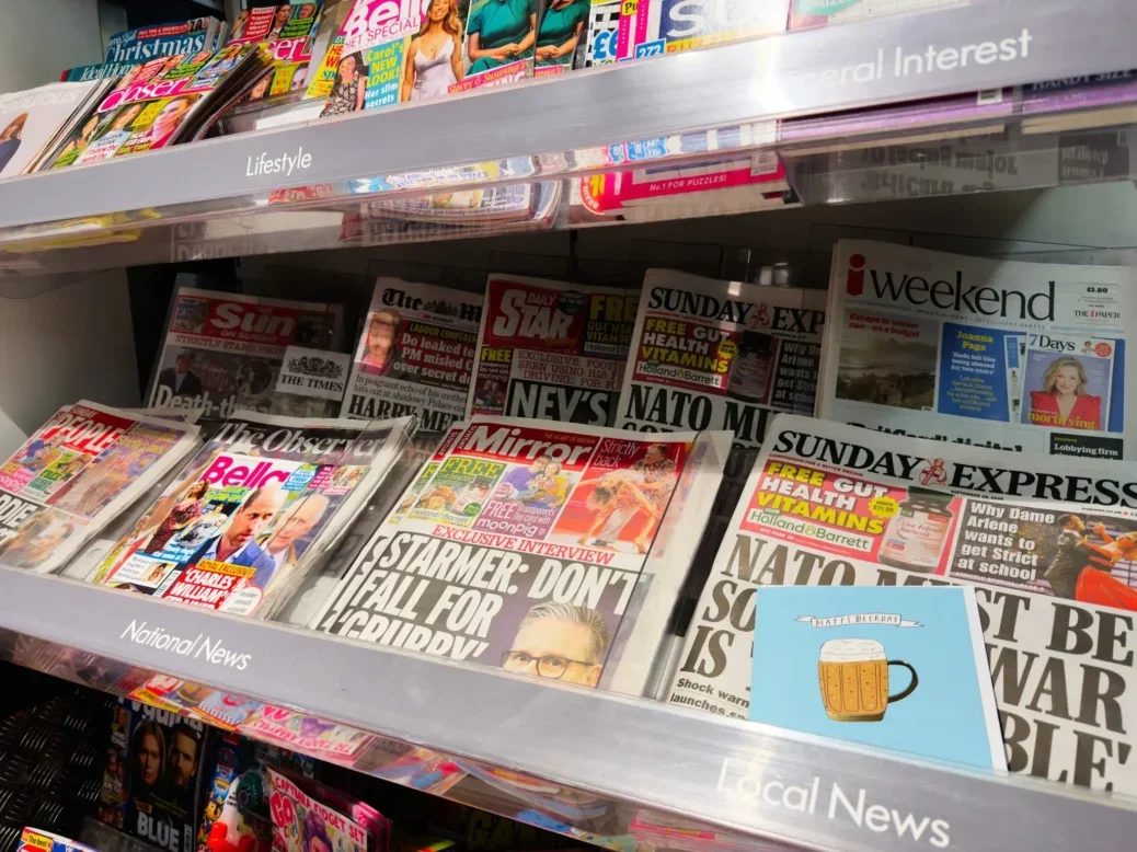 UK newsstand including Mirror, Express and Star newspapers to illustrate story about print circulation