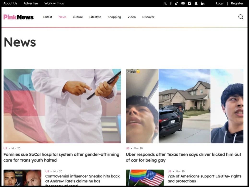 News page on Pink News website on 23 March 2026