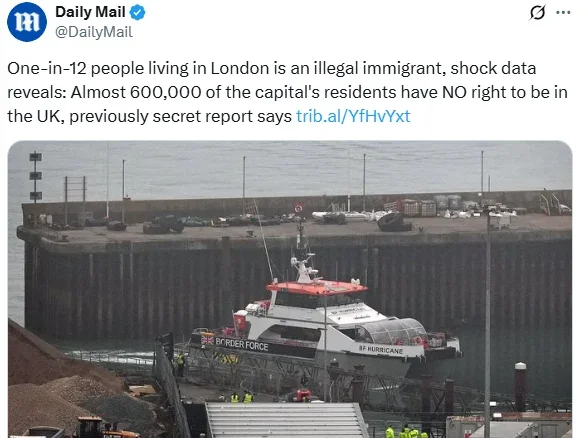 Screenshot of X post sharing Daily Mail story about "how one in 12 living in London is an illegal migrant". Picture on the tweet is of a boat in the English Channel