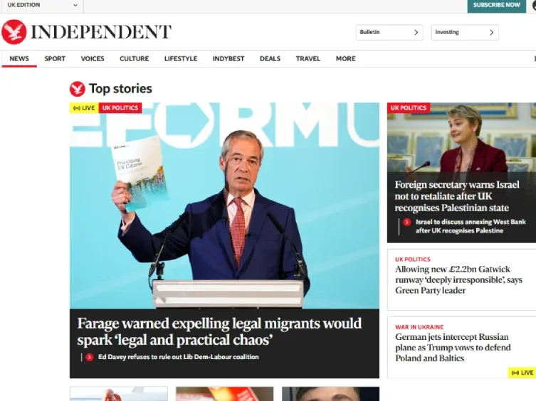 The Independent's homepage on 22 September 2025, led by picture of Nigel Farage and headline 'Farage warned expelling legal migrants would speak 'legal and practical chaos''