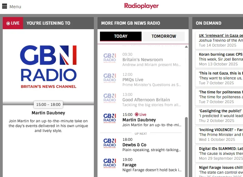 GB News Radio page on Radioplayer on 22 October 2025