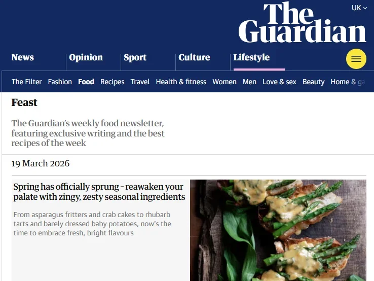 Guardian Feast newsletter landing page with subhead: "The Guardian's weekly food newsletter, featuring exclusive writing and the best recipes of the week"