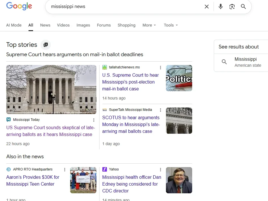 Google search for Mississippi news on 24 March 2026 with Top Stories box