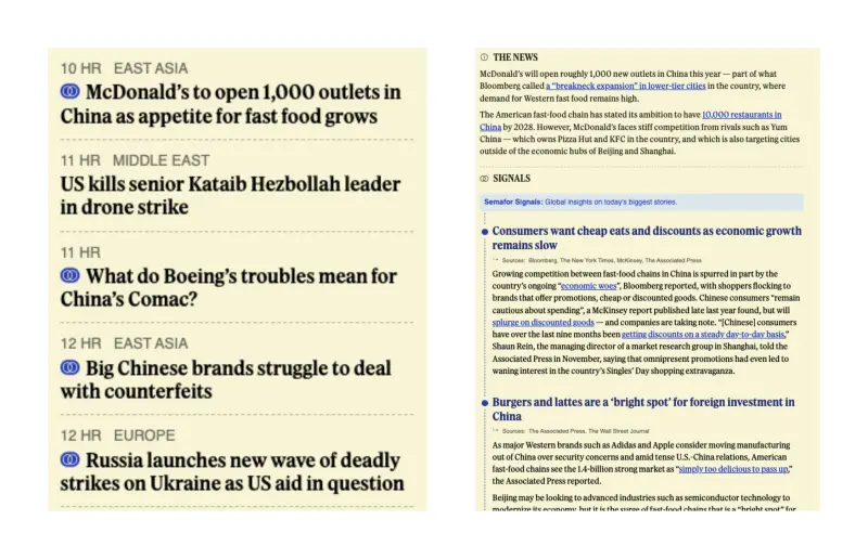 Left: A screenshot of Semafor Signals articles in its news feed, alongside one non-Signals article. The Signals stories are distinguished from the traditional output by a blue symbol depicting two overlapping circles. Right: A screenshot of part of a Signals story, showing two paragraphs at the top of basic facts followed by summarised perspectives on the same story from other news outlets below.