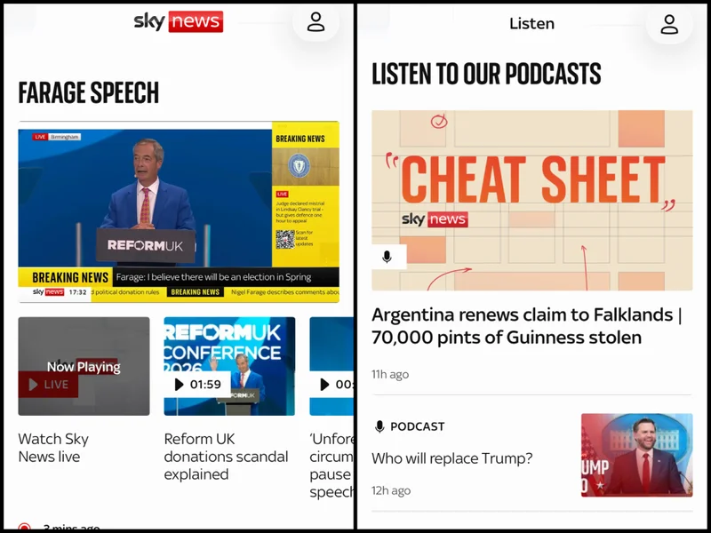 Two screenshots from the Sky News app: the homepage and the 'listen' tab