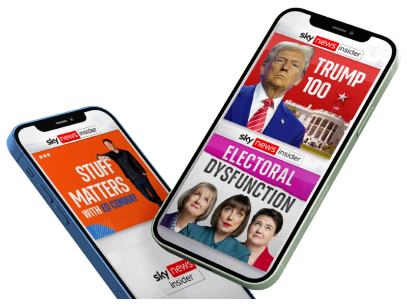 Two phones, between them showing the Sky News Insider podcasts promo images for Trump 100, Electoral Dysfunction and Stuff Matters