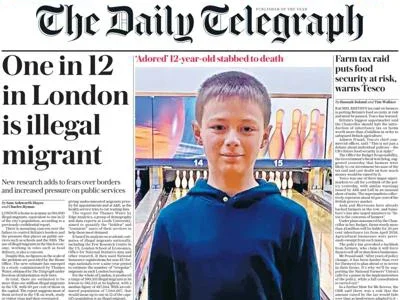 Telegraph front page on 23 January 2025 with splash headline: "One in 12 in London is illegal migrant"