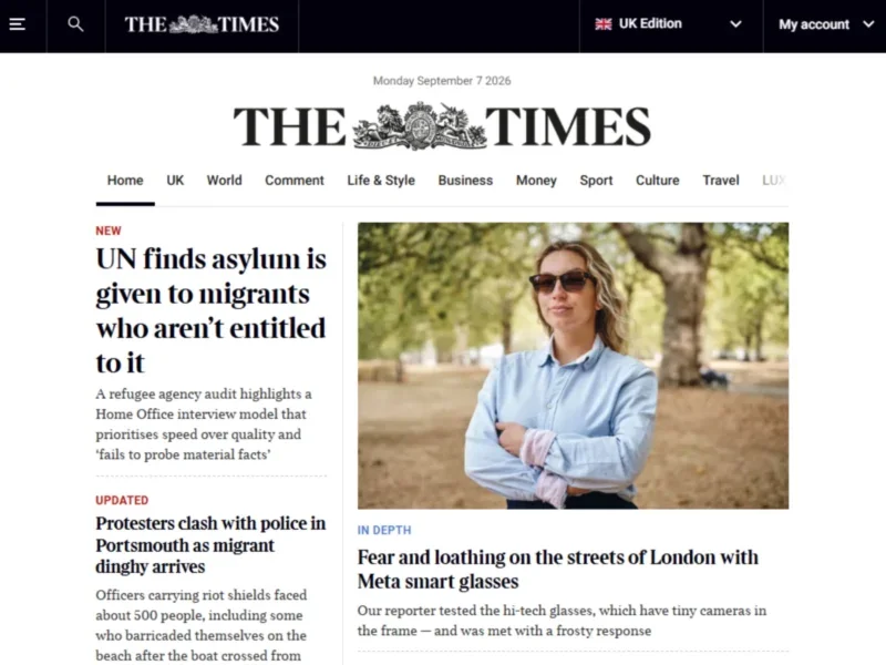 The Times homepage on 7 September 2026