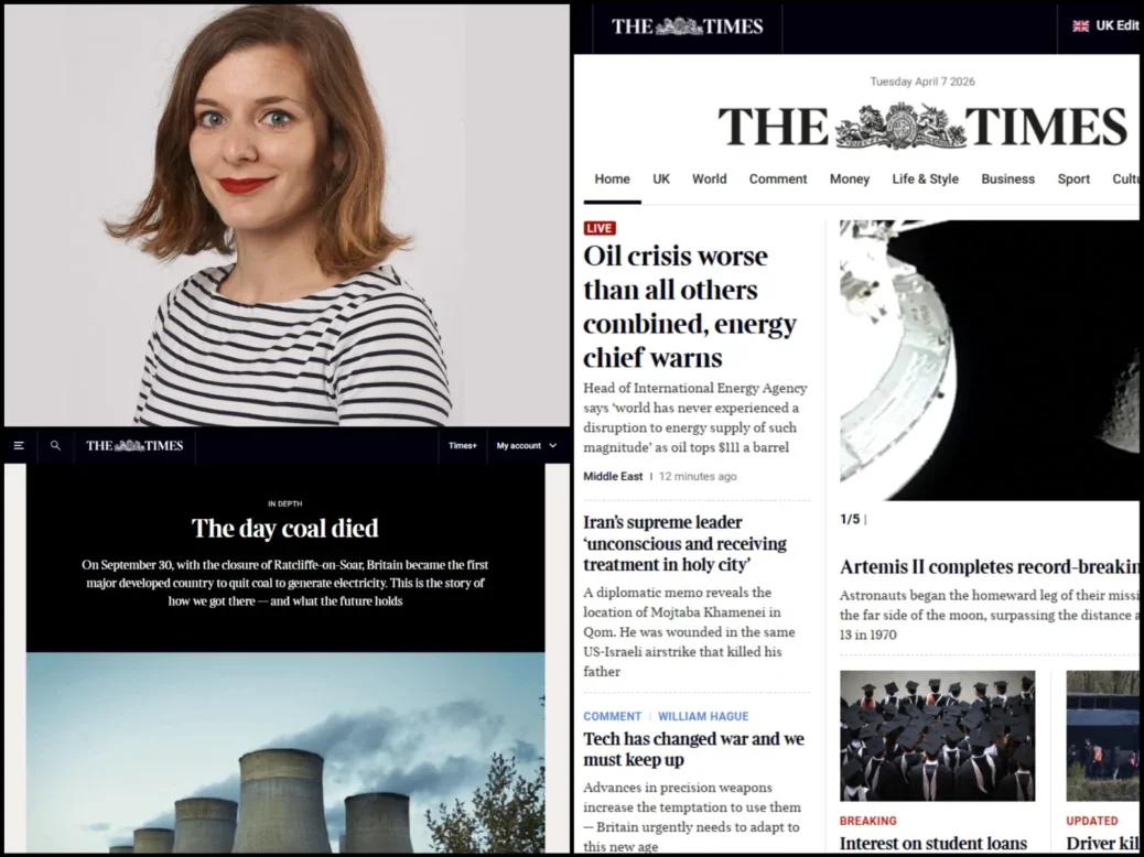 Times deputy head of digital Anna Sbuttoni, Times homepage on 7 April 2026, and Times story 'The day coal died'