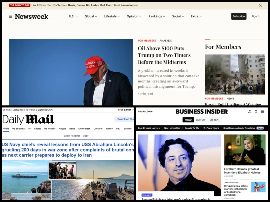 Homepages for Newsweek, Daily Mail US edition and Business Insider on 9 September 2026