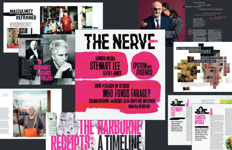 The Nerve's packshot for its first print zine including Stewart Lee promo, 'Who funds Farage?' and 'Epstein and eugenics' taglines